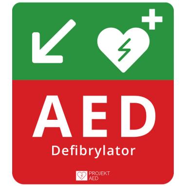 Oznaczenia Defibrylatorów AED Kredos AED w Lewo w Dół
