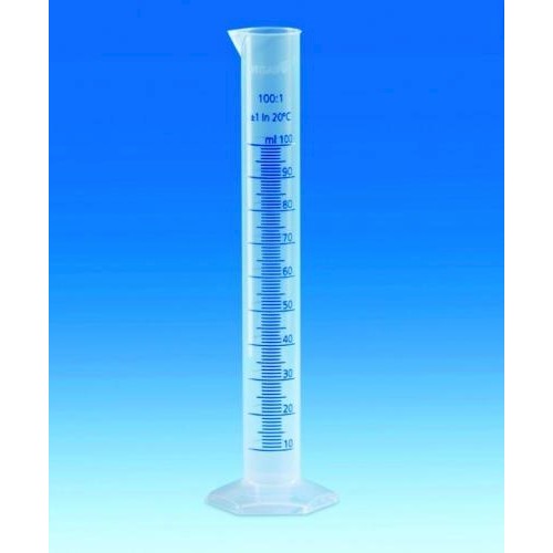 Cylindry miarowe z tworzywa sztucznego VITLAB PP wysoki kl. B skala niebieska wypukła