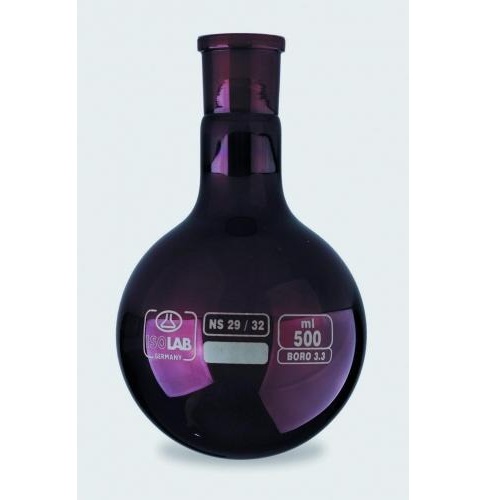 Kolby szklane ISOLAB Okrągłodenne ze szlifem szkło borokrzemianowe 3.3 bursztynowe