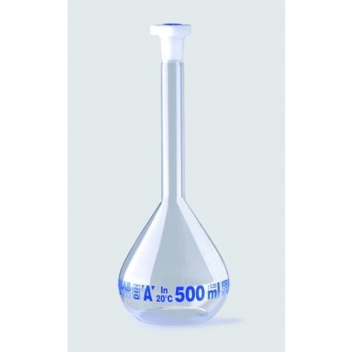 Kolby szklane ISOLAB pomiarowe szkło bororzemianowe 3.3 klasa A niebieska podz. z korkiem PP