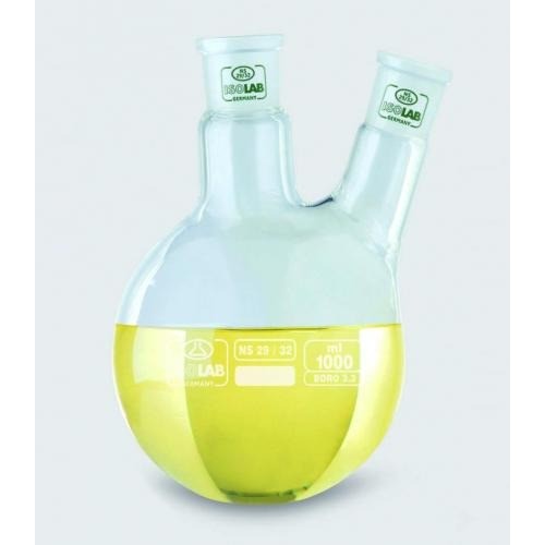 Kolby szklane ISOLAB Z dwiema szyjkami ustawionymi ukośnie szkło borokrzemianowe 3.3