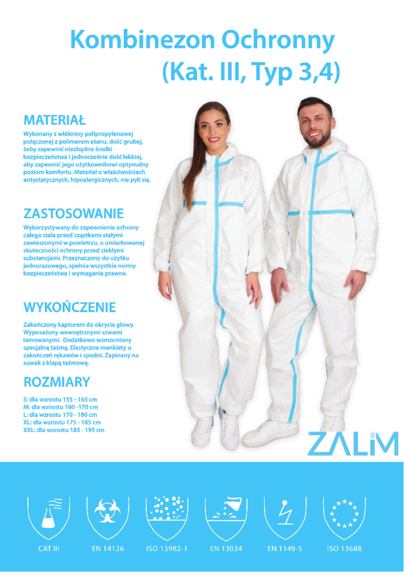 Kombinezony ochronne jednorazowe B/D Kat. III, Typ 3,4