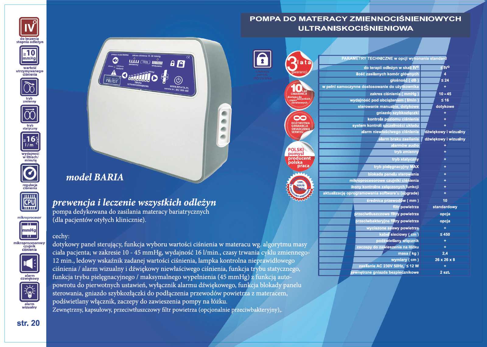 Materace przeciwodleżynowe zmiennociśnieniowe Revita 884 Baria