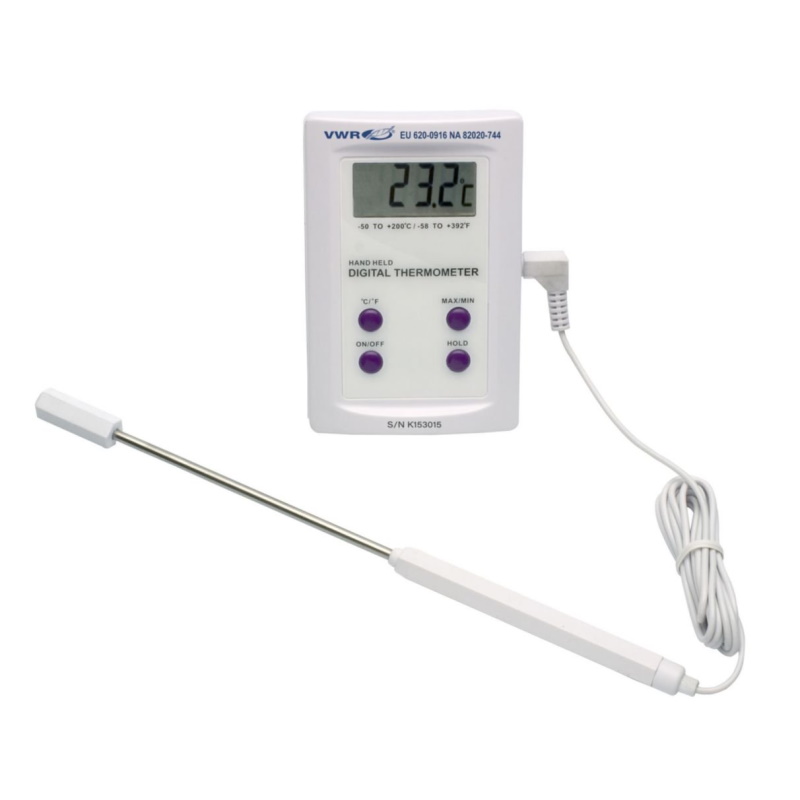 Termometry elektroniczne laboratoryjne VWR skalibrowane z sondą ze stali nierdzewnej