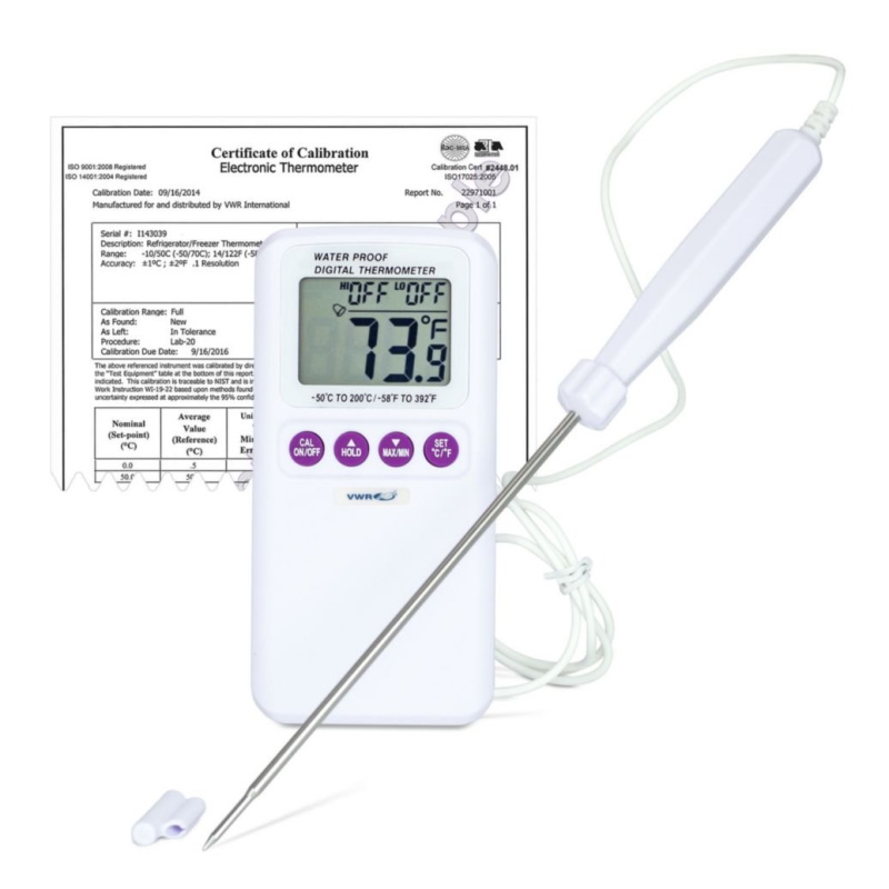 Termometry elektroniczne laboratoryjne VWR skalibrowane z sondą ze stali nierdzewnej